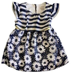 Healthtex Floral & Striped Ruffle Sleeve Dress Sz 5T Navy Blue White Yellow 149N